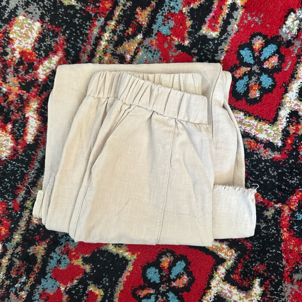 Cream Linen Casual Elastic Waist Pants